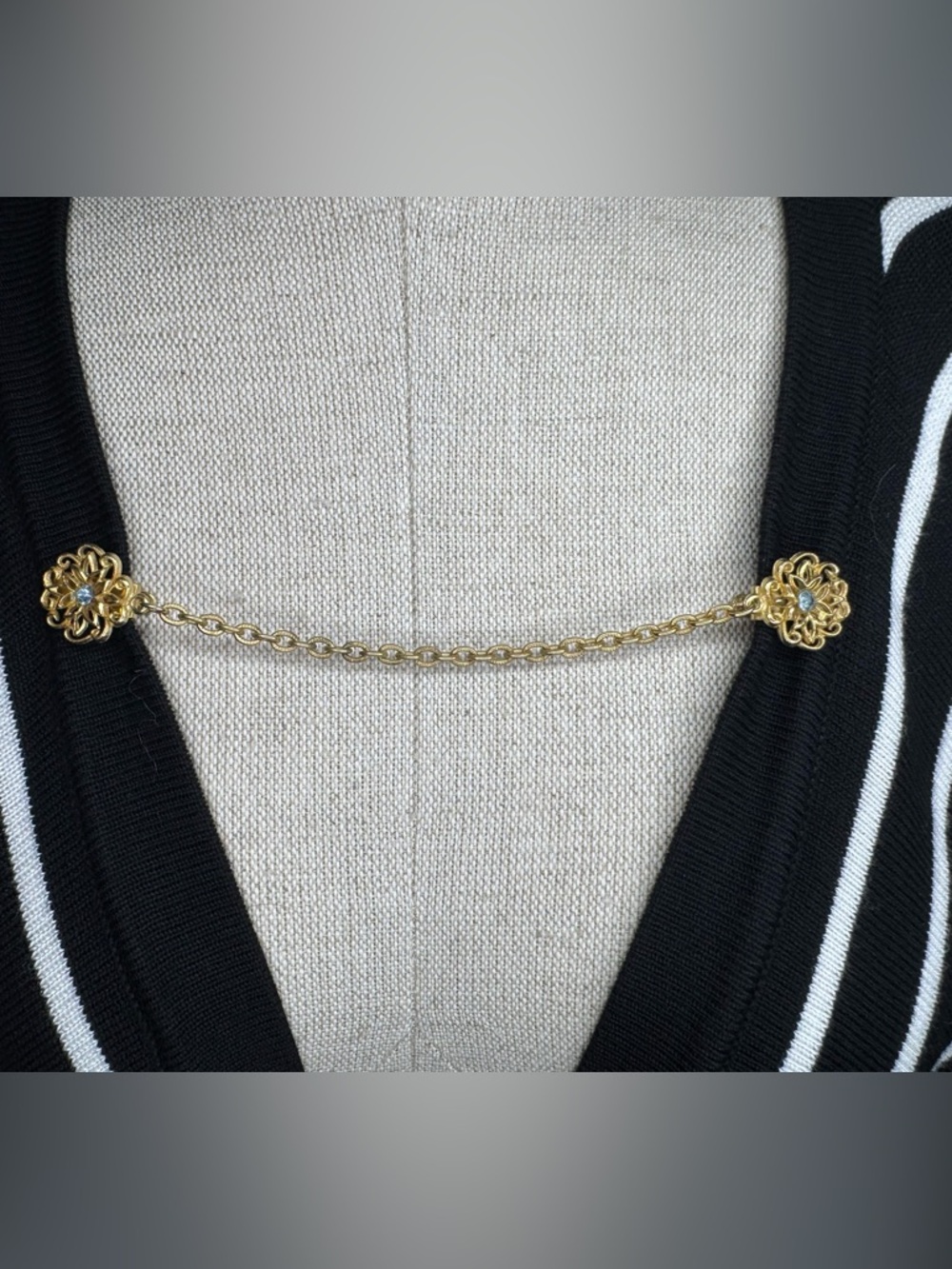 Vintage 1950s 1960s Blue Rhinestone Flower Sweater Guard Brooch Cardigan Clip